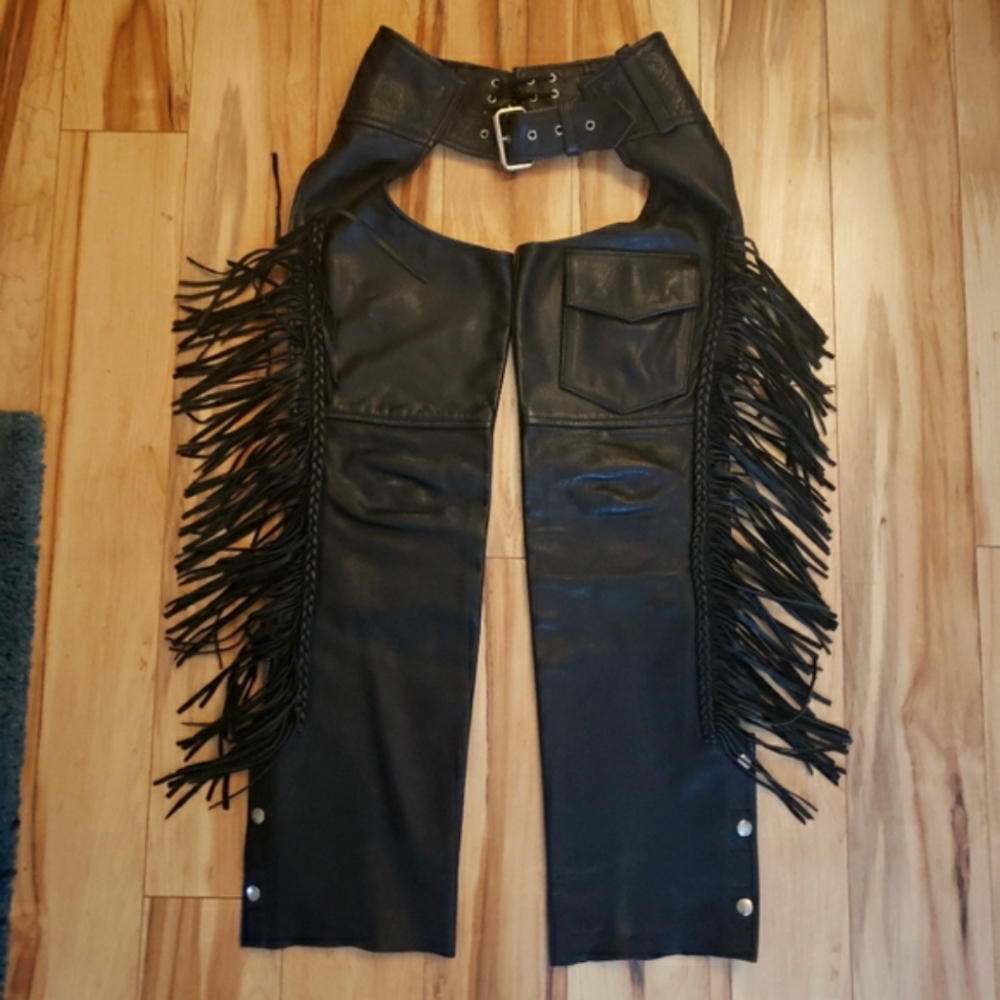 Motorcycle Chaps black fringed Eagle Genuine leather 🇺🇸
